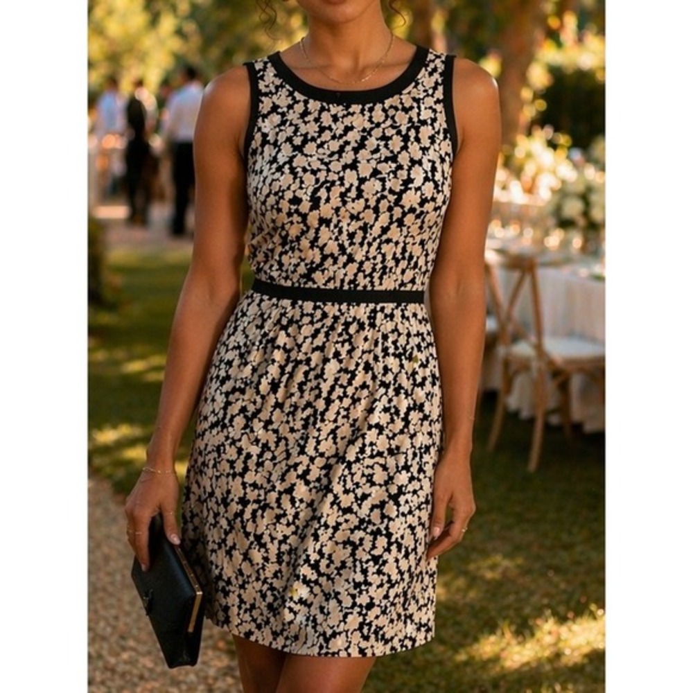 Loft Dress XS Black Beige Floral Sleeveless‎ Career Casual Work Womens